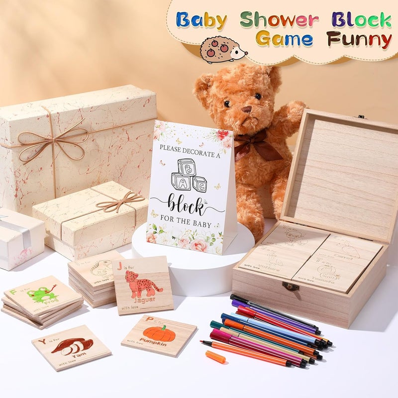 Marsui 78 Pcs Baby Shower Fun Decorate a Block Game Set 52 DIY ABC Letter Blocks 24 Watercolor Pen 1 Game Sign 1 Wooden Box with Hinged Lid for Gender Reveal Baby Shower Party Supplies (Flower) - Image 4